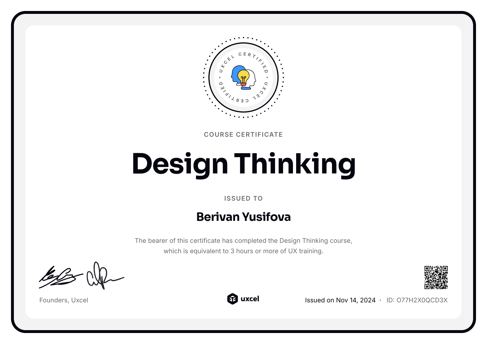 Berivan Yusifova's certificate